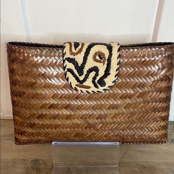 kultura Handbags - Kultura Hand Woven Brown Clutch with Embroidered Patterned Flap